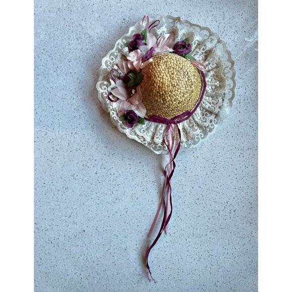 Vintage Doll Straw Hat With Lace & Ribbon Embellishments - Picture 6 of 8